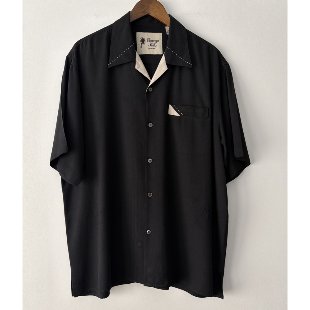 Vintage Silk Circa 1969 Button Up Mens Shirt Size L Black-Tan 100% Silk Sopranos